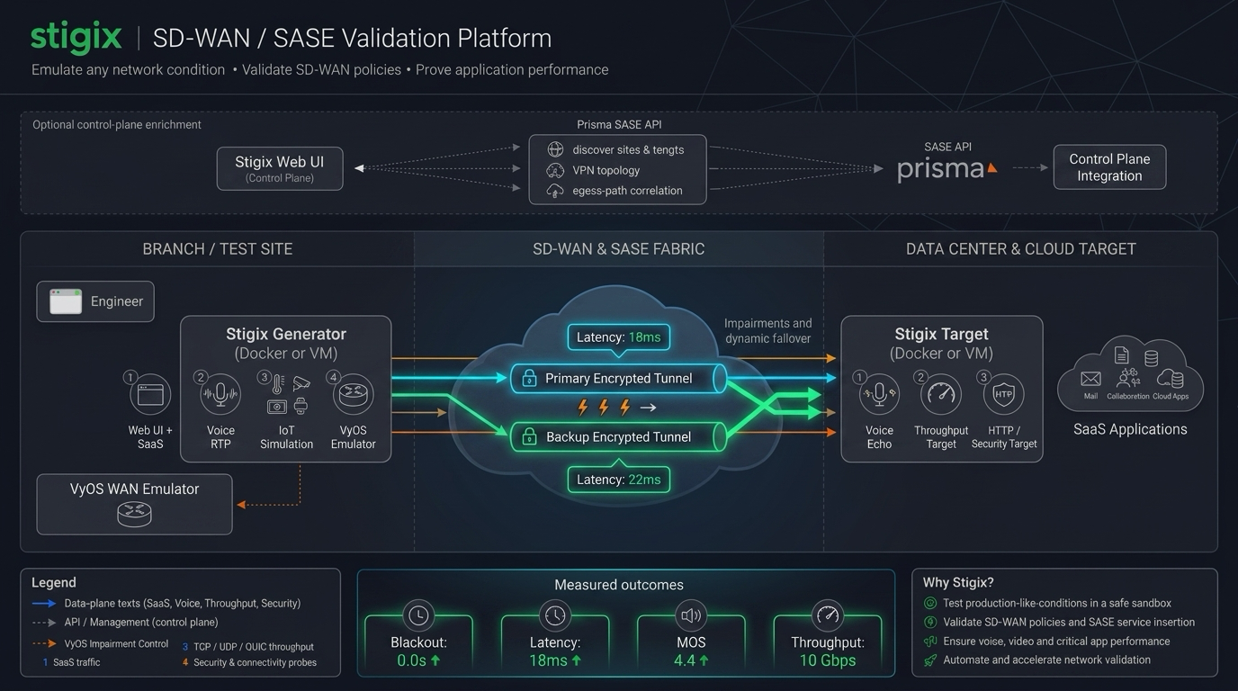 Stigix SD-WAN / SASE Validation Platform Architecture — Branch Site, SD-WAN & SASE Fabric, Datacenter & Cloud Target