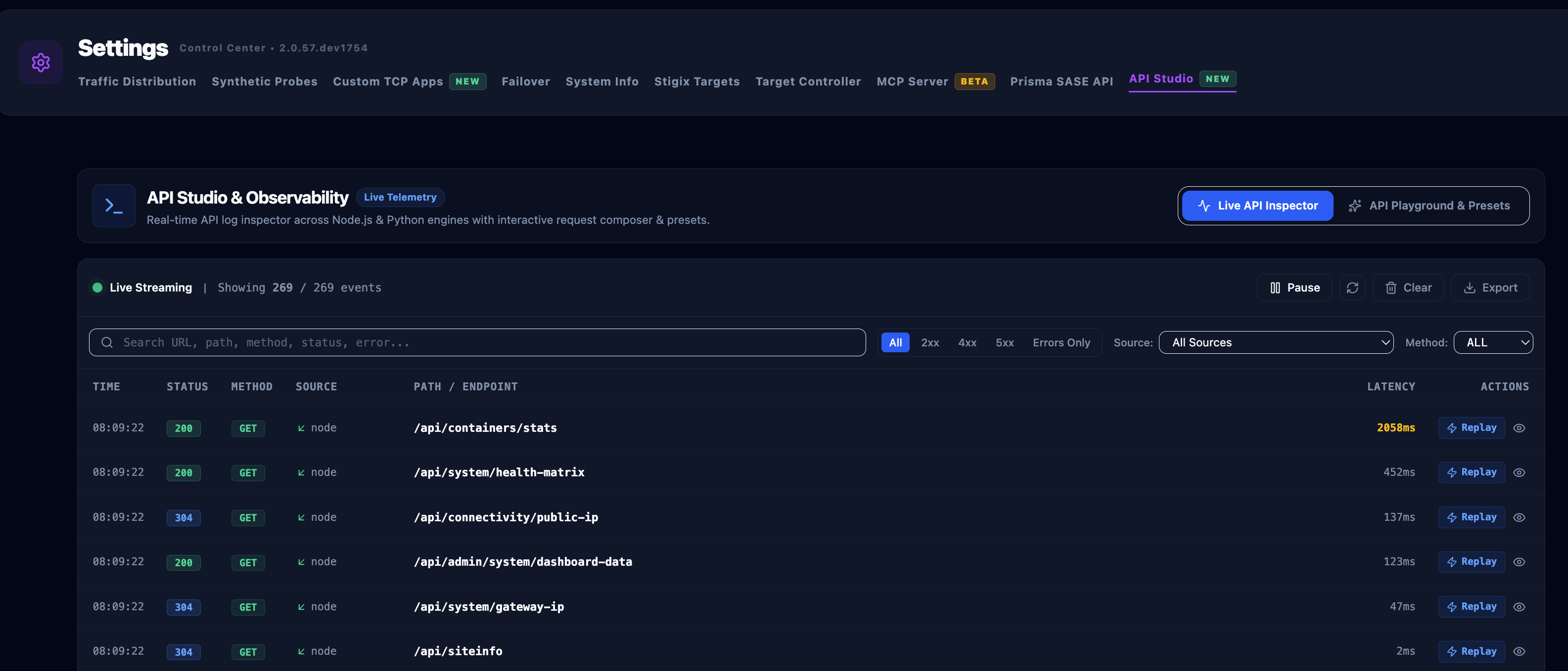 Stigix API Studio with live telemetry and API inspector