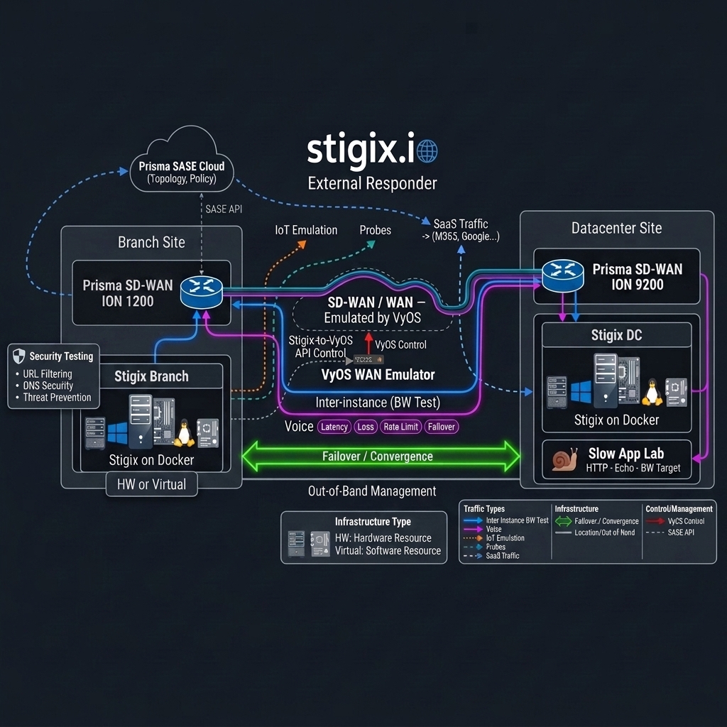 Stigix SD-WAN Lab Architecture — Branch Site, SD-WAN WAN emulated by VyOS, Datacenter Site, stigix.io external responder